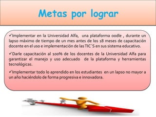 Implementar en la Universidad Alfa, una plataforma oodle , durante un
lapso máximo de tiempo de un mes antes de los 18 meses de capacitación
docente en el uso e implementación de las TIC´S en sus sistema educativo.
Darle capacitación al 100% de los docentes de la Universidad Alfa para
garantizar el manejo y uso adecuado de la plataforma y herramientas
tecnológicas.
Implementar todo lo aprendido en los estudiantes en un lapso no mayor a
un año haciéndolo de forma progresiva e innovadora.
 