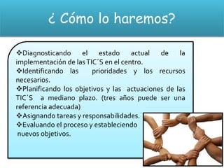 ¿ Cómo lo haremos?

Diagnosticando el estado actual de la
implementación de las TIC´S en el centro.
Identificando las      prioridades y los recursos
necesarios.
Planificando los objetivos y las actuaciones de las
TIC´S a mediano plazo. (tres años puede ser una
referencia adecuada)
Asignando tareas y responsabilidades.
Evaluando el proceso y estableciendo
 nuevos objetivos.
 