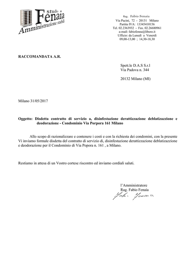 Lettera disdetta contratto h3g