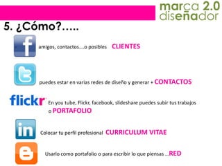 marca 2.0diseñador5. ¿Cómo?…..                 amigos, contactos….o posiblesCLIENTESpuedesestar en variasredes de diseñoygenerar + CONTACTOS                          En you tube, Flickr, facebook, slidesharepuedessubirtustrabajos             			o PORTAFOLIOColocartuperfilprofesionalCURRICULUM VITAEUsarlocomoportafolio o paraescribir lo quepiensas …RED