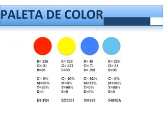PALETA	
  DE	
  COLOR	
  	
  
	
  

R= 228
G= 31
B=36
 
C= 0%
M=96%
Y=88%
K=0
 
E41F24

	
  

R= 236
G= 227
B=33
 
C= 10%
M=0%
Y=90%
K=0
 
ECE321

	
  

R= 48
G= 71
B= 152
 
C= 92%
M=77%
Y=0%
K=0%
 
304798

R= 228
G= 31
B=36
 
C= 0%
M=96%
Y=88%
K=0
 
54B9EA

 