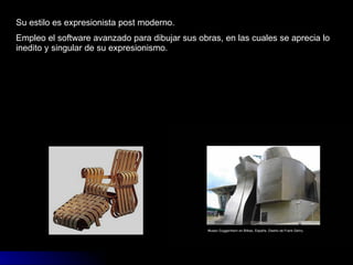 Su estilo es expresionista post moderno. Empleo el software avanzado para dibujar sus obras, en las cuales se aprecia lo inedito y singular de su expresionismo. 