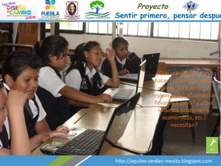 Proyecto

Sentir primero, pensar despué

¿Qué actividades van a
hacer? ¿Cómo las van a
realizar? ¿Quién es el
responsable? ¿Cuándo las
llevarán a cabo? y ¿Qué
recursos (materiales,
económicos, etc.)
necesitan?

http://aquiles-serdan-mesita.blogspot.com

 