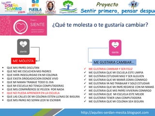 Proyecto

Sentir primero, pensar despué

¿Qué te molesta o te gustaría cambiar?
:)

:(

ME MOLESTA











QUE MIS PAPÁS DISCUTAN
QUE NO ME ESCUCHEN MIS PADRES
QUE HAYA INSEGURIDAD EN MI COLONIA
QUE EXISTA DROGADICCION DONDE VIVO
QUE MI MAMA TRABAJE TODO EL DIA
QUE MI ESCUELA NO TENGA COMPUTADORAS
QUE MIS COMPAÑEROS SE PELEEN POR NADA
QUE NO PUEDA APRENDER EN LA ESCUELA
QUE LAS CALLES DE MI COLONIA ESTEN LLENAS DE BASURA
QUE MIS PAPAS NO SEPAN LEER NI ESCRIBIR

ME GUSTARIA CAMBIAR…











ME GUSTARIA CAMBIAR Y SER FELIZ
ME GUSTARIA QUE MI ESCUELA ESTE LIMPIA
ME GUSTARIA ESTUDIAR MAS Y SER ALGUIEN
ME GUSTARIA QUE MI MAMÁ COMA CONMIGO
ME GUSTARIA YA NO TRABAJAR Y SOLO ESTUDIAR
ME GUSTARIA QUE MI PAPÁ REGRESE CON MI MAMÁ
ME GUSTARIA QUE MIS PAPÁS VIVIERAN CONMIGO
ME GUSTARIA QUE MI ESCUELA ESTE MEJOR
ME GUSTARIA TENER UNA COMPUTADORA
ME GUSTARIA QUE MI COLONIA SEA SEGURA

http://aquiles-serdan-mesita.blogspot.com

 