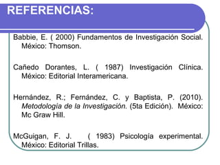 REFERENCIAS:
Babbie,  E.  ( 2000) Fundamentos de Investigación  Social. 
México: Thomson.
Cañedo  Dorantes,  L.  (  1987)  Investigación  Clínica. 
México: Editorial Interamericana.
Hernández,  R.;  Fernández,  C.  y  Baptista,  P.  (2010). 
Metodología de la Investigación. (5ta Edición).  México: 
Mc Graw Hill.  
McGuigan,  F.  J.      (  1983)  Psicología  experimental. 
México: Editorial Trillas.

 