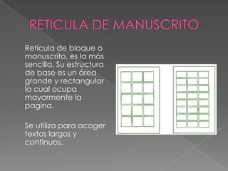 RETICULA DE MANUSCRITO	Retícula de bloque o manuscrito, es la más sencilla. Su estructura de base es un área grande y rectangular la cual ocupa mayormente la pagina. 	Se utiliza para acoger textos largos y continuos. 