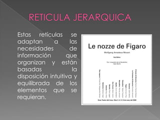 RETICULA JERARQUICA	Estas retículas se adaptan a las necesidades de información que organizan y están basadas la disposición intuitiva y equilibrada de los elementos que se requieran. 