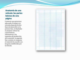 Retícula de manuscritola retícula de bloque o manuscrito es estructuralmente, la retícula más sencilla que puede existir. Como su nombre lo implica su estructura de base es un área grande y rectangular que ocupa la mayor parte de la página 
