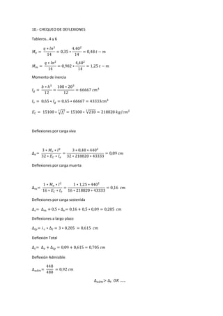 10.- CHEQUEO DE DEFLEXIONES

Tableros…4 y 6




Momento de inercia




Deflexiones por carga viva




Deflexiones por carga muerta




Deflexiones por carga sostenida



Deflexiones a largo plazo



Deflexión Total



Deflexión Admisible
 
