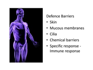 Defence Barriers 
• Skin 
• Mucous membranes 
• Cilia 
• Chemical barriers 
• Specific response - 
Immune response 
 