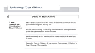 Epidemiology: Types of Disease
Based on Transmission
2. Non-
communicable
(Noninfectious)
Diseases/Illnesses
Those diseases or illnesses that cannot be transmitted from an infected
person to a susceptible, healthy one
Several, or even many, factors may contribute to the development of a
given non-communicable health condition
The contributing factors may be genetic, environmental, or behavioral
in nature
Examples: Cancer; Diabetes; Hypertension; Osteoporosis; Alzheimer‟s;
Heart Disease; Fibromyalgia
 