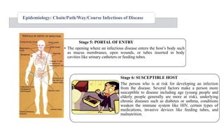 Stage 5: PORTAL OF ENTRY
• The opening where an infectious disease enters the host‟s body such
as mucus membranes, open wounds, or tubes inserted in body
cavities like urinary catheters or feeding tubes.
Stage 6: SUSCEPTIBLE HOST
• The person who is at risk for developing an infection
from the disease. Several factors make a person more
susceptible to disease including age (young people and
elderly people generally are more at risk), underlying
chronic diseases such as diabetes or asthma, conditions
that weaken the immune system like HIV, certain types of
medications, invasive devices like feeding tubes, and
malnutrition.
Epidemiology: Chain/Path/Way/Course Infectious of Disease
 