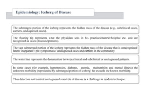 Epidemiology: Iceberg of Disease
The submerged portion of the iceberg represents the hidden mass of the disease (e.g., subclinical cases,
carriers, undiagnosed cases).
The floating tip represents what the physician sees in his practice/chamber/hospital etc. and are
recognized as cases (diseased persons).
The vast submerged portion of the iceberg represents the hidden mass of the disease that is unrecognized/
latent/ inapparant / pre-symptomatic/ undiagnosed cases and carriers in the community.
The water line represents the demarcation between clinical and subclinical or undiagnosed patients.
In some cases (for example, hypertension, diabetes, anemia, malnutrition and mental illness) the
unknown morbidity (represented by submerged portion of iceberg) far exceeds the known morbidity.
Thus detection and control undiagnosed reservoir of disease is a challenge to modern technique.
 