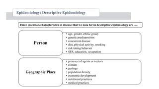 Epidemiology: Descriptive Epidemiology
Three essentials characteristics of disease that we look for in descriptive epidemiology are ….
• age, gender, ethnic group
• genetic predisposition
• concurrent disease
• diet, physical activity, smoking
• risk taking behavior
• SES, education, occupation
Person
• presence of agents or vectors
• climate
• geology
• population density
• economic development
• nutritional practices
• medical practices
Geographic Place
 