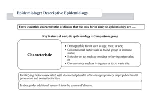 Epidemiology: Descriptive Epidemiology
Three essentials characteristics of disease that we look for in analytic epidemiology are ….
Key feature of analytic epidemiology = Comparison group
• Demographic factor such as age, race, or sex;
• Constitutional factor such as blood group or immune
status;
• Behavior or act such as smoking or having eaten salsa;
or
• Circumstance such as living near a toxic waste site.
Characteristic
Identifying factors associated with disease help health officials appropriately target public health
prevention and control activities
It also guides additional research into the causes of disease.
 