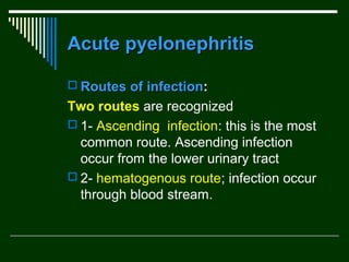 Acute pyelonephritis
 Routes of infection:

Two routes are recognized
 1- Ascending infection: this is the most
common route. Ascending infection
occur from the lower urinary tract
 2- hematogenous route; infection occur
through blood stream.

 