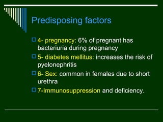 Predisposing factors
 4- pregnancy: 6% of pregnant has

bacteriuria during pregnancy
 5- diabetes mellitus: increases the risk of
pyelonephritis
 6- Sex: common in females due to short
urethra
 7-Immunosuppression and deficiency.

 