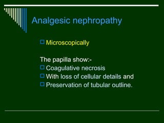 Analgesic nephropathy
 Microscopically

The papilla show: Coagulative necrosis
 With loss of cellular details and
 Preservation of tubular outline.

 