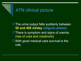 ATN clinical picture
 The urine output falls suddenly between

50 and 400 ml/day (oliguric phase)
 There is symptom and signs of uremia.
(rise of urea and creatinine(
 With good medical care survival is the
rule.

 