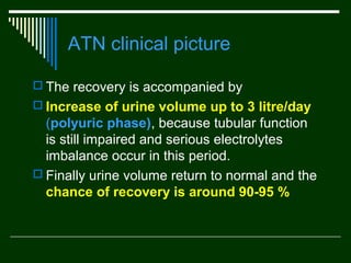 ATN clinical picture
 The recovery is accompanied by
 Increase of urine volume up to 3 litre/day

(polyuric phase), because tubular function
is still impaired and serious electrolytes
imbalance occur in this period.
 Finally urine volume return to normal and the
chance of recovery is around 90-95 %

 
