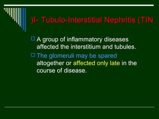 (I- Tubulo-Interstitial Nephritis (TIN
 A group of inflammatory diseases

affected the interstitium and tubules.
 The glomeruli may be spared
altogether or affected only late in the
course of disease.

 
