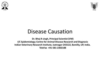Disease Causation
Dr. Bhoj R singh, Principal Scientist (VM)
I/C Epidemiology; Centre for Animal Disease Research and Diagnosis
Indian Veterinary Research Institute, Izatnagar-243122, Bareilly, UP, India.
TeleFax +91-581-2302188
 