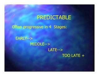 PREDICTABLEPREDICTABLE
Often progressive in 4 Stages:Often progressive in 4 Stages:
EARLYEARLY---->>EARLYEARLY---->>
MIDDLEMIDDLE---->>
LATELATE---->>
TOO LATE +TOO LATE +
 