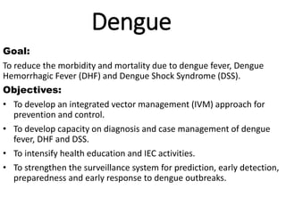 Dengue
Goal:
To reduce the morbidity and mortality due to dengue fever, Dengue
Hemorrhagic Fever (DHF) and Dengue Shock Syndrome (DSS).
Objectives:
• To develop an integrated vector management (IVM) approach for
prevention and control.
• To develop capacity on diagnosis and case management of dengue
fever, DHF and DSS.
• To intensify health education and IEC activities.
• To strengthen the surveillance system for prediction, early detection,
preparedness and early response to dengue outbreaks.
 