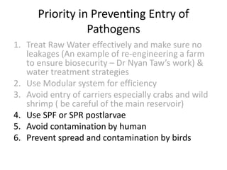 Priority in Preventing Entry of
Pathogens
1. Treat Raw Water effectively and make sure no
leakages (An example of re-engineering a farm
to ensure biosecurity – Dr Nyan Taw’s work) &
water treatment strategies
2. Use Modular system for efficiency
3. Avoid entry of carriers especially crabs and wild
shrimp ( be careful of the main reservoir)
4. Use SPF or SPR postlarvae
5. Avoid contamination by human
6. Prevent spread and contamination by birds
 