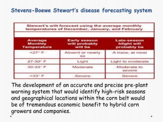 Stevens-Boewe Stewart’s disease forecasting system
The development of an accurate and precise pre-plant
warning system that would identify high-risk seasons
and geographical locations within the corn belt would
be of tremendous economic benefit to hybrid corn
growers and companies.
 
