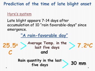 Prediction of the time of late blight onset
Hyre’s system
Late blight appears 7-14 days after
accumulation of 10 “rain favorable-days” since
emergence.
Average Temp. in the
last five days 7.2oC25.5o
C
“A rain-favorable day”
Rain quantity in the last
five days 30 mm
and
 