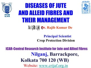 DISEASES OF JUTE
AND ALLEID FIBRES AND
THEIR MANAGEMENT
Dr. Rajib Kumar De
Principal Scientist
Crop Protection Division
ICAR-Central Research Institute for Jute and Allied Fibres
Nilganj, Barrackpore,
Kolkata 700 120 (WB)
Website: www.crijaf.org.in
Xxl¡S£hL¥
j¡l -c
 