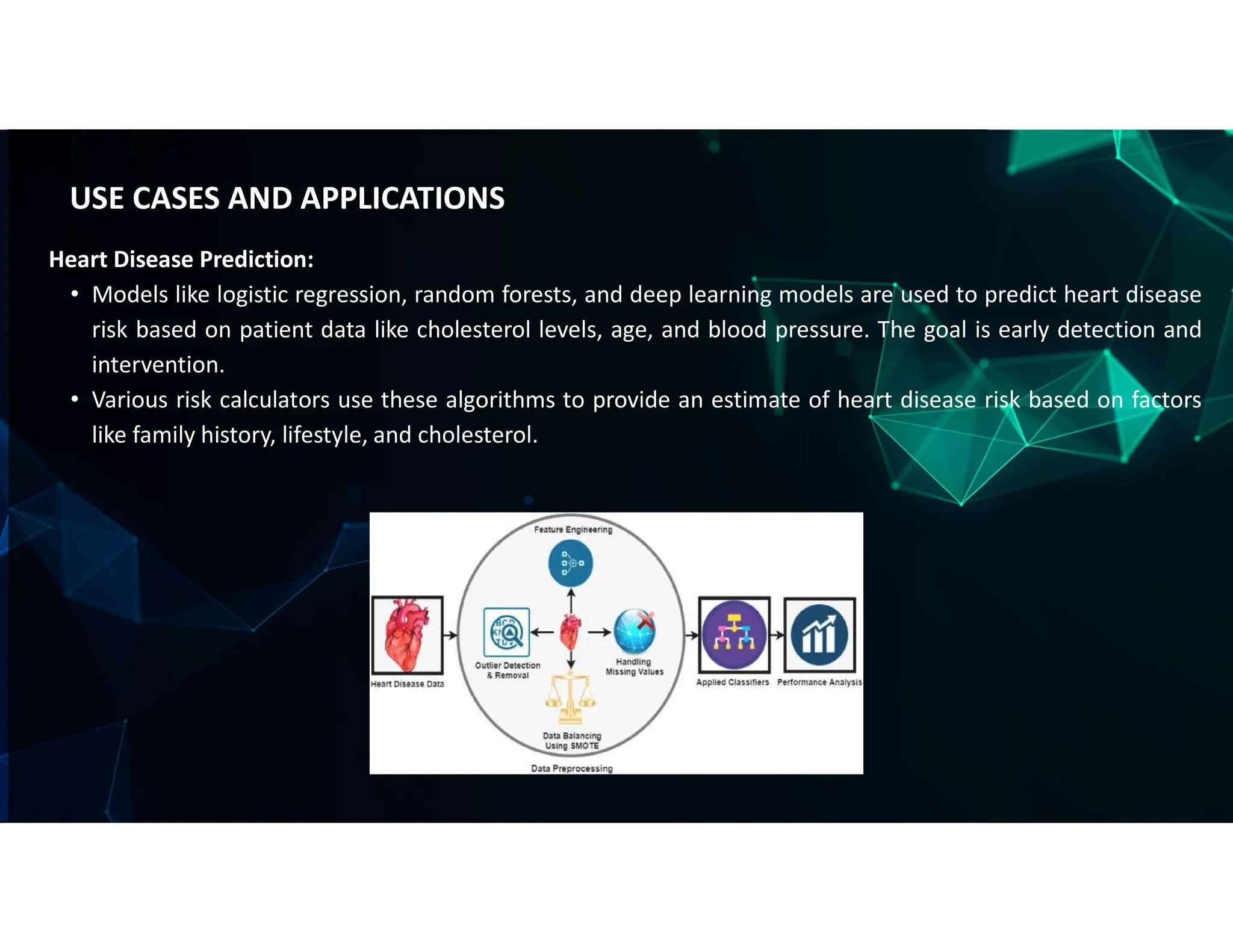 Heart Disease Prediction:
• Models like logistic regression, random forests, and deep learning models are used to predict heart disease
risk based on patient data like cholesterol levels, age, and blood pressure. The goal is early detection and
intervention.
• Various risk calculators use these algorithms to provide an estimate of heart disease risk based on factors
like family history, lifestyle, and cholesterol.
USE CASES AND APPLICATIONS
 