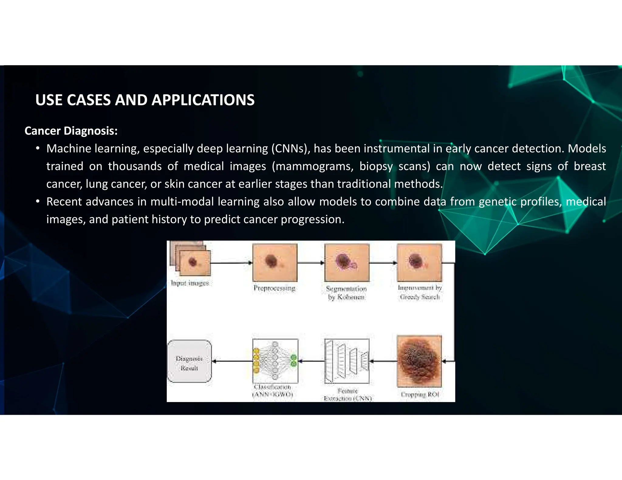 Cancer Diagnosis:
• Machine learning, especially deep learning (CNNs), has been instrumental in early cancer detection. Models
trained on thousands of medical images (mammograms, biopsy scans) can now detect signs of breast
cancer, lung cancer, or skin cancer at earlier stages than traditional methods.
• Recent advances in multi-modal learning also allow models to combine data from genetic profiles, medical
images, and patient history to predict cancer progression.
USE CASES AND APPLICATIONS
 