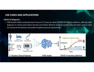 COVID-19 Diagnosis:
• CNN-based models analyzing chest X-rays or CT scans can detect COVID-19 infection patterns, offering rapid
diagnosis in critical cases where test kits are limited. Machine learning models have also been used to track
the spread of the disease and predict hospital resource requirements.
USE CASES AND APPLICATIONS
 