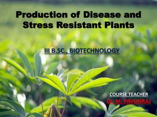 Production of Disease and
Stress Resistant Plants
III B.SC., BIOTECHNOLOGY
COURSE TEACHER
Dr. M. PAVUNRAJ
 