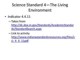 Science Standard 4—The Living EnvironmentIndicator 4.4.11Taken from http://dc.doe.in.gov/Standards/AcademicStandards/StandardSearch.aspxLink to activity http://www.indianastandardsresources.org/files/sci_4_4_11pdf
