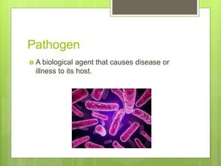 Pathogen
 A biological agent that causes disease or
illness to its host.
 