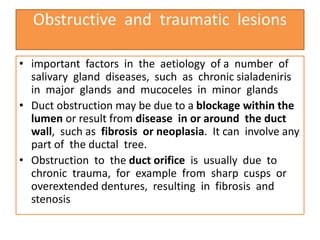 Obstructive and traumatic lesions
• important factors in the aetiology of a number of
salivary gland diseases, such as chronic sialadeniris
in major glands and mucoceles in minor glands
• Duct obstruction may be due to a blockage within the
lumen or result from disease in or around the duct
wall, such as fibrosis or neoplasia. It can involve any
part of the ductal tree.
• Obstruction to the duct orifice is usually due to
chronic trauma, for example from sharp cusps or
overextended dentures, resulting in fibrosis and
stenosis
 