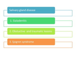 Salivary gland disease
1. Sialadenitis
2. Obstuctive and traumatic leasins
3. Sjogren syndrome
 