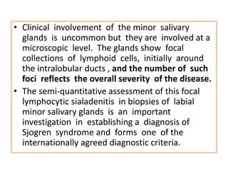 • Clinical involvement of the minor salivary
glands is uncommon but they are involved at a
microscopic level. The glands show focal
collections of lymphoid cells, initially around
the intralobular ducts , and the number of such
foci reflects the overall severity of the disease.
• The semi-quantitative assessment of this focal
lymphocytic sialadenitis in biopsies of labial
minor salivary glands is an important
investigation in establishing a diagnosis of
Sjogren syndrome and forms one of the
internationally agreed diagnostic criteria.
 