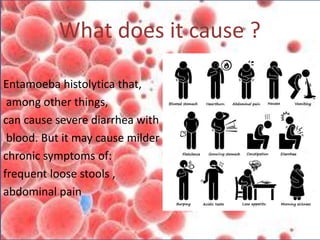 What does it cause ?
Entamoeba histolytica that,
among other things,
can cause severe diarrhea with
blood. But it may cause milder
chronic symptoms of:
frequent loose stools ,
abdominal pain
 