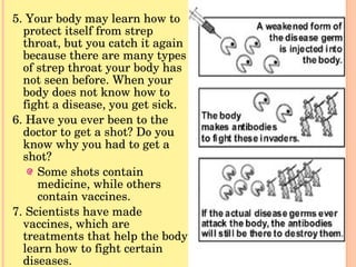 5. Your body may learn how to protect itself from strep throat, but you catch it again because there are many types of strep throat your body has not seen before. When your body does not know how to fight a disease, you get sick. 6. Have you ever been to the doctor to get a shot? Do you know why you had to get a shot? Some shots contain medicine, while others contain vaccines. 7. Scientists have made vaccines, which are treatments that help the body learn how to fight certain diseases. 