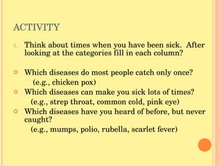 ACTIVITY Think about times when you have been sick.  After looking at the categories fill in each column? Which diseases do most people catch only once?   (e.g., chicken pox) Which diseases can make you sick lots of times?   (e.g., strep throat, common cold, pink eye) Which diseases have you heard of before, but never caught?   (e.g., mumps, polio, rubella, scarlet fever) 