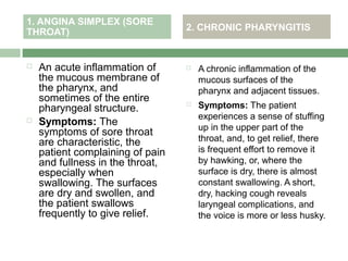 1. ANGINA SIMPLEX (SORE
THROAT)                           2. CHRONIC PHARYNGITIS


   An acute inflammation of         A chronic inflammation of the
    the mucous membrane of            mucous surfaces of the
    the pharynx, and                  pharynx and adjacent tissues.
    sometimes of the entire
    pharyngeal structure.            Symptoms: The patient
                                      experiences a sense of stuffing
   Symptoms: The                     up in the upper part of the
    symptoms of sore throat
    are characteristic, the           throat, and, to get relief, there
    patient complaining of pain       is frequent effort to remove it
    and fullness in the throat,       by hawking, or, where the
    especially when                   surface is dry, there is almost
    swallowing. The surfaces          constant swallowing. A short,
    are dry and swollen, and          dry, hacking cough reveals
    the patient swallows              laryngeal complications, and
    frequently to give relief.        the voice is more or less husky.
 