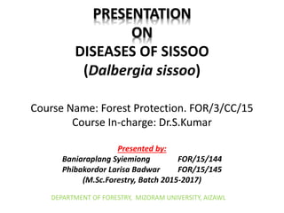 PRESENTATION
ON
DISEASES OF SISSOO
(Dalbergia sissoo)
Course Name: Forest Protection. FOR/3/CC/15
Course In-charge: Dr.S.Kumar
Presented by:
Baniaraplang Syiemiong FOR/15/144
Phibakordor Larisa Badwar FOR/15/145
(M.Sc.Forestry, Batch 2015-2017)
DEPARTMENT OF FORESTRY, MIZORAM UNIVERSITY, AIZAWL
 