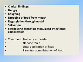 • Clinical findings:
• Hungry
• Coughing
• Dropping of food from mouth
• Regurgiation through nostril
• Salivation
• Swallowing cannot be stimulated by external
compression.
• Treatment: Not very successful
• Nervine tonic
• Local application of heat
• Parentral administration of food
 