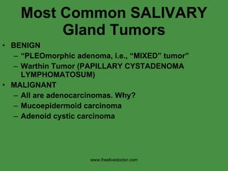 Most Common SALIVARY Gland Tumors BENIGN “ PLEOmorphic adenoma, i.e., “MIXED” tumor” Warthin Tumor (PAPILLARY CYSTADENOMA LYMPHOMATOSUM) MALIGNANT All are adenocarcinomas. Why? Mucoepidermoid carcinoma Adenoid cystic carcinoma www.freelivedoctor.com 