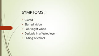 SYMPTOMS ;
• Glared
• Blurred vision
• Poor night vision
• Diplopia in affected eye
• Fading of colors
 