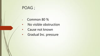 POAG ;
• Common 80 %
• No visible obstruction
• Cause not known
• Gradual Inc. pressure
 